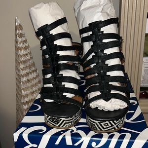 Black and white multi strap wedges